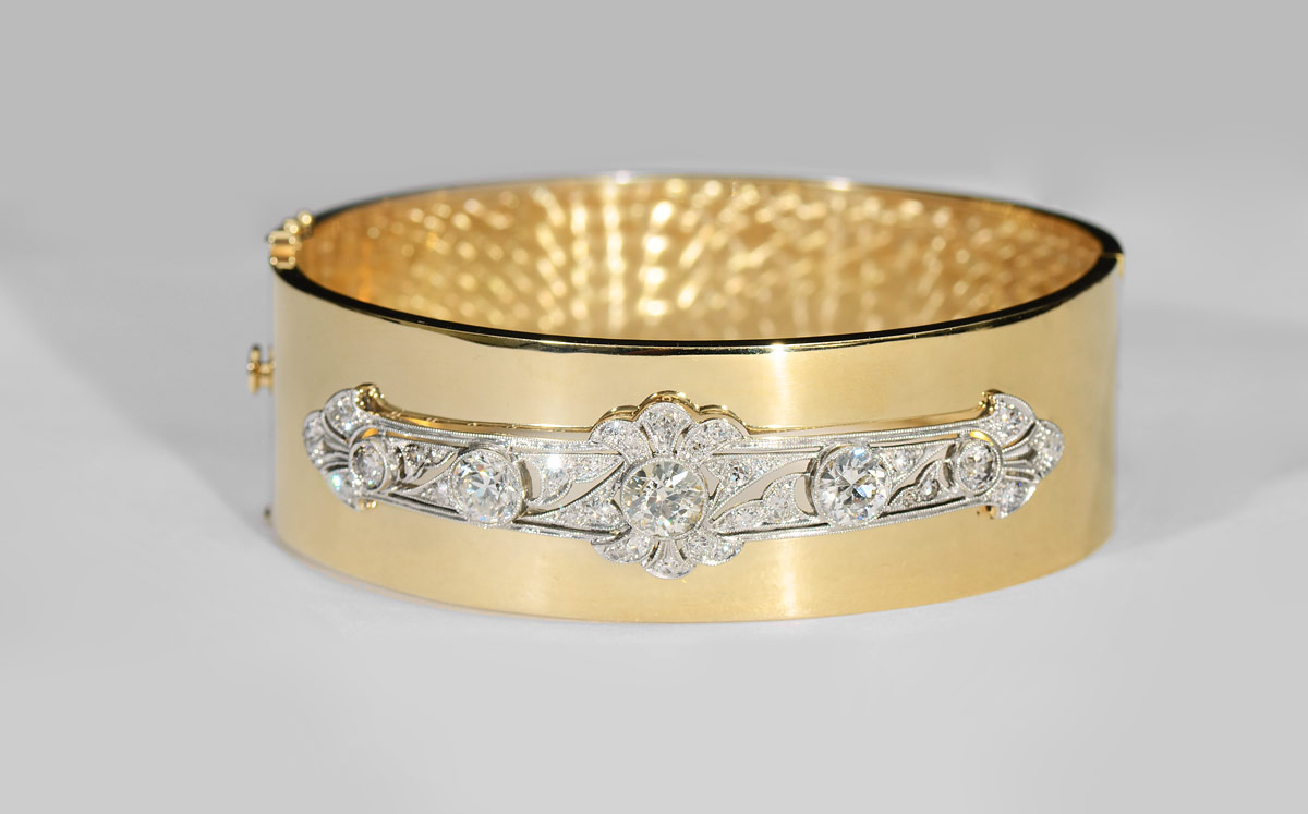 Appraisal: HAND CRAFTED CT DIAMOND BANGLE BRACELET K yellow gold hinged