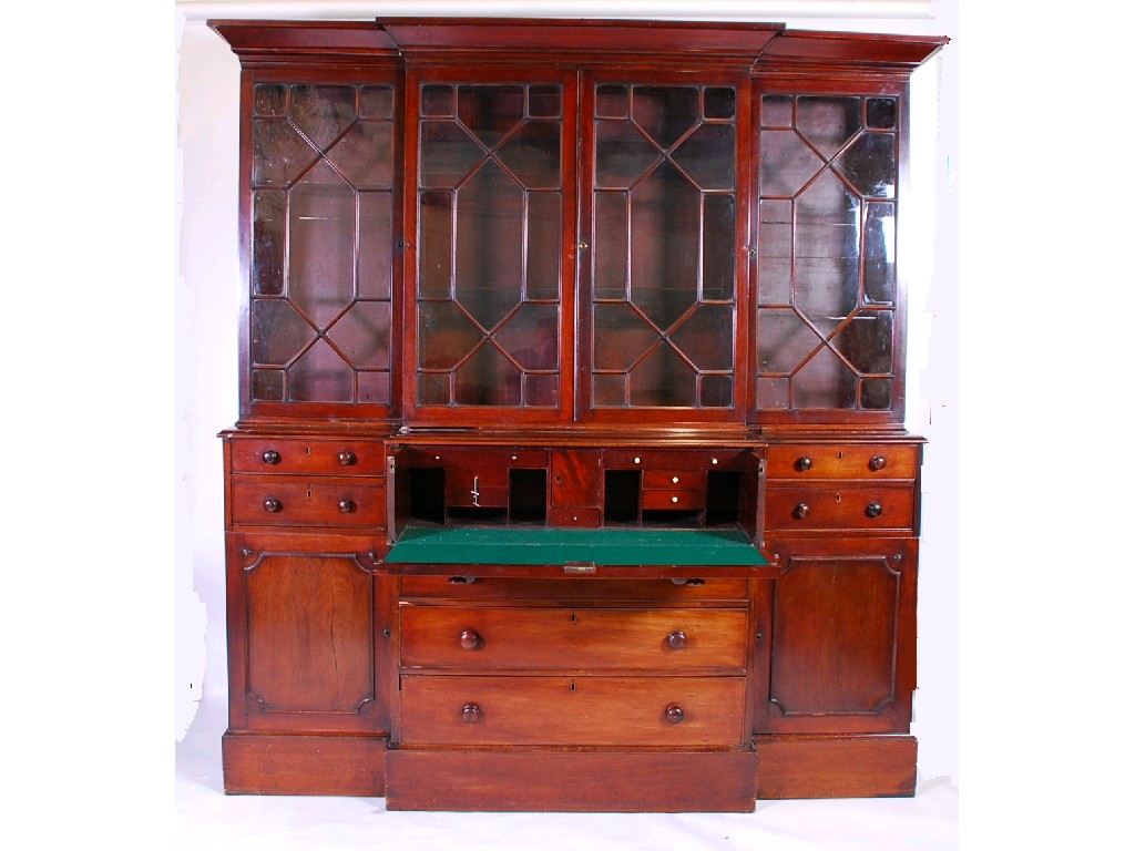 Appraisal: IMPRESSIVE VICTORIAN MAHOGANY SECRETAIRE BREAKFRONT BOOKCASE the moulded cornice a