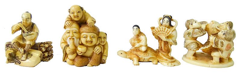 Appraisal: Four Chinese Carved Netsuke Groups Four Chinese Carved Ivory Netsuke