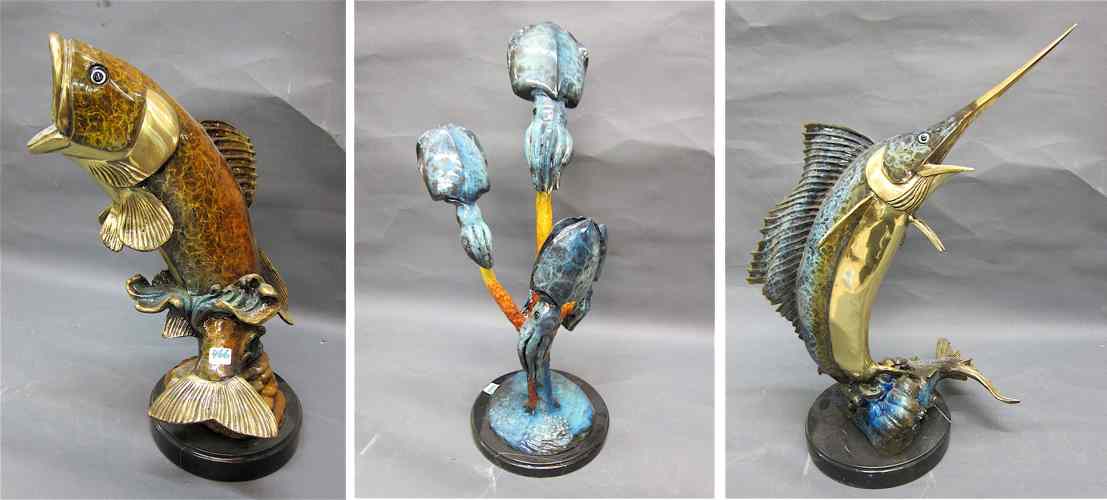 Appraisal: THREE POLYCHROMED MARINE WILDLIFE BRONZE SCULPTURES ''H sailfish ''H wide