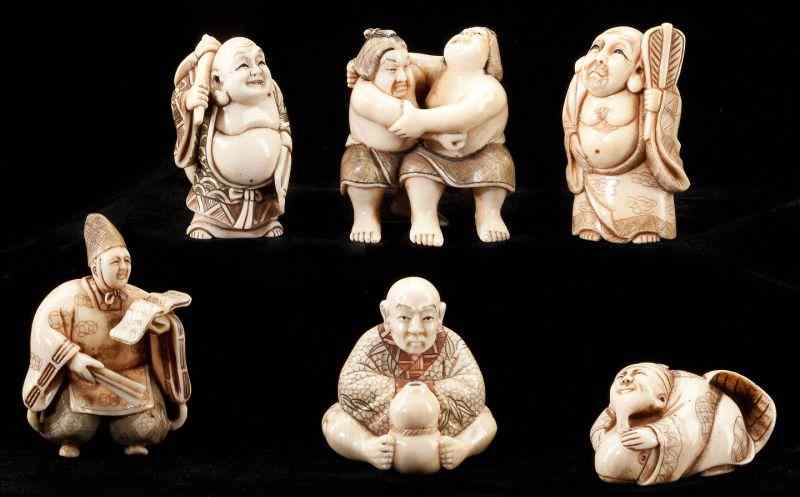 Appraisal: Group of Six Ivory Netsukedepicting men in various pursuits all