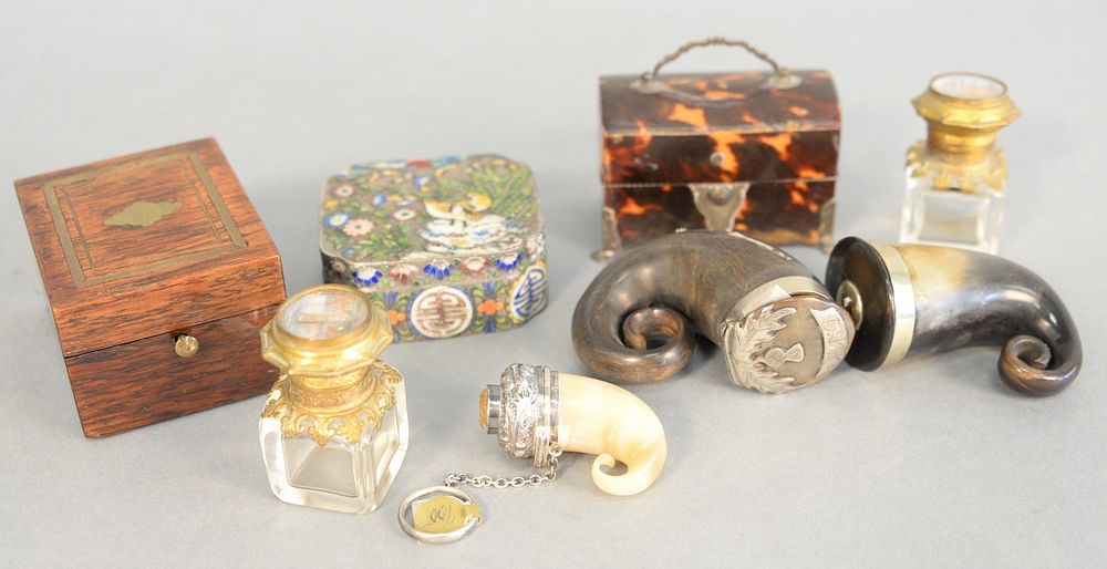 Appraisal: Eight piece group to include horn boxes tortoise inkwell casket