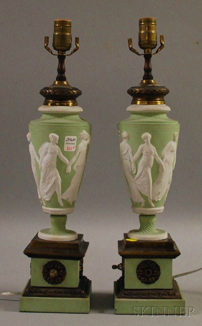 Appraisal: Pair of Classical Jasper-style Painted Bisque Relief-decorated Vase Table Lamps