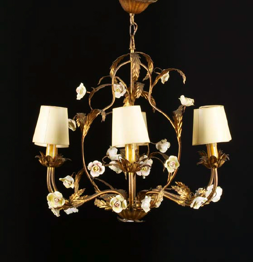 Appraisal: French Gilded Wrought- and Cut-Iron and Polychromed Porcelain Six-Light Chandelier