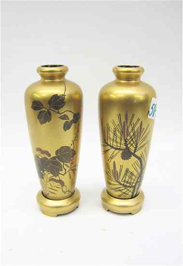 Appraisal: PAIR CHINESE GOLD LACQUERED VASES one with pinecone design the