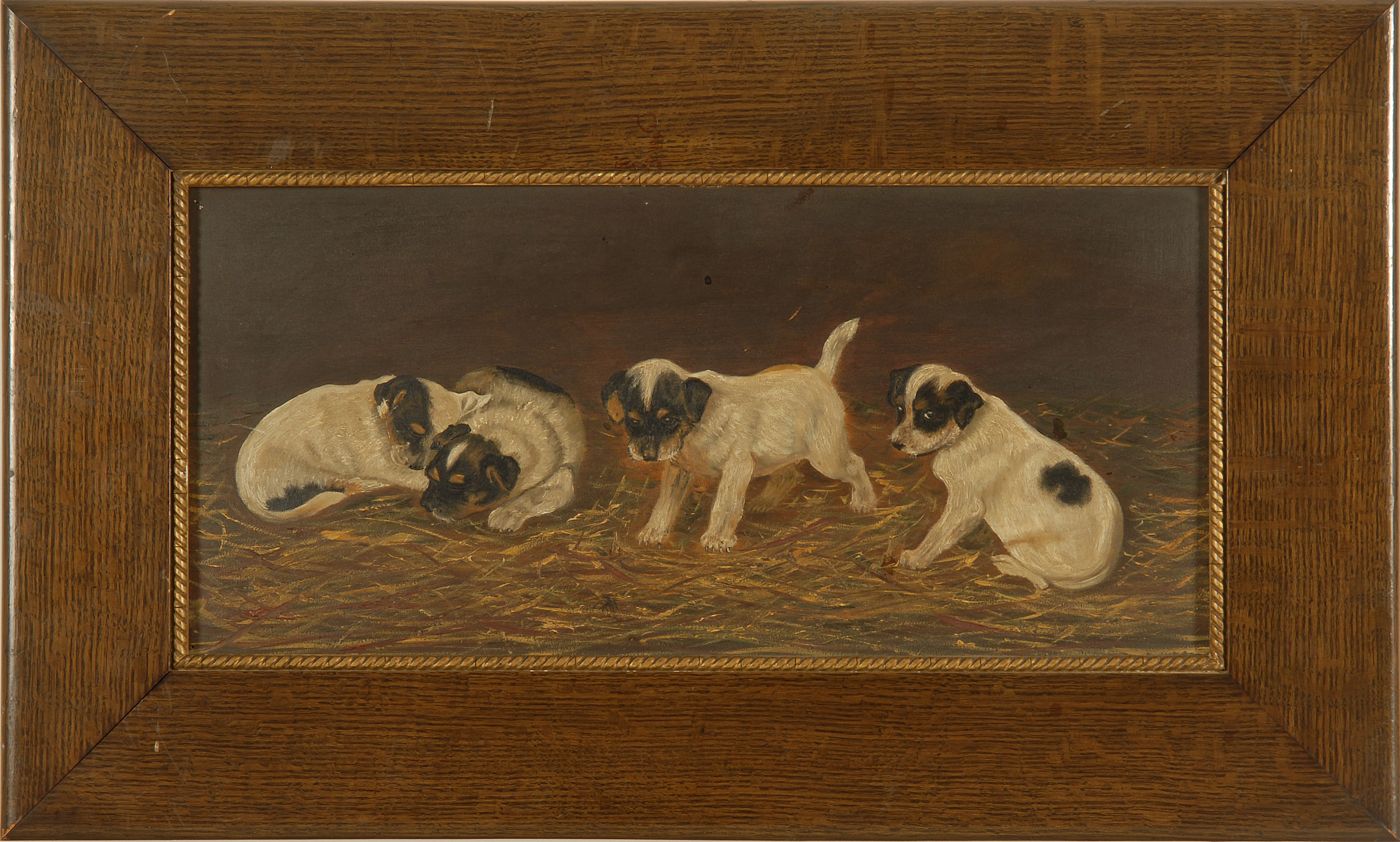 Appraisal: FRAMED PAINTING Four puppies Oil on artist's board x sight