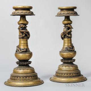 Appraisal: Pair of Bronze Stands Pair of Bronze Stands Southeast Asia