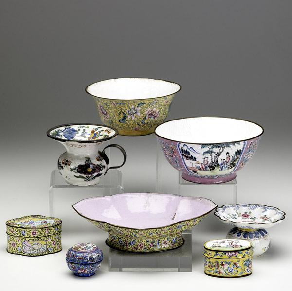 Appraisal: CHINESE ENAMELS Eight pieces comprising three bowls three boxes and