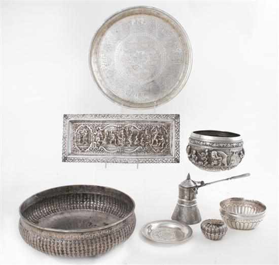 Appraisal: Mideastern silver bowls trays box and coffeepot comprising centerbowl H