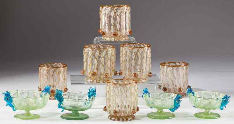 Appraisal: Group of Ten Venetian Glass Table Articlesincluding gold flake ribbon