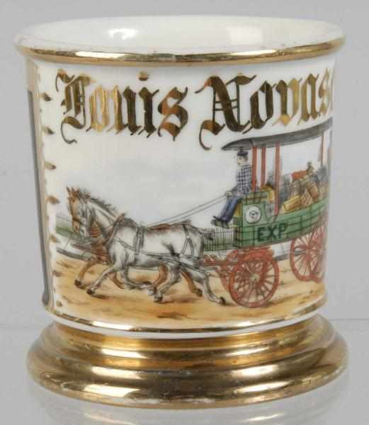 Appraisal: Horse-Drawn Express Wagon Shaving Mug Description Marked Louis Novaselsky across