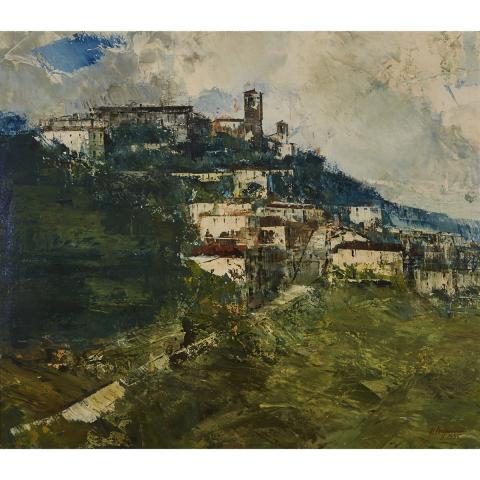 Appraisal: Ubaldo Magnavacca - HILLSIDE TOWN Italian Oil on board masonite