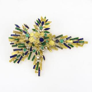 Appraisal: Large Retro Karat Yellow Gold Emerald Diamond and Enamel Spray