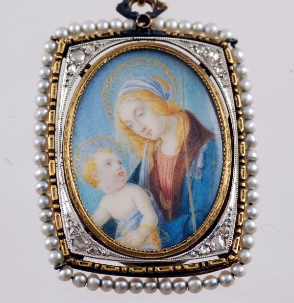 Appraisal: Fine miniature portrait locket Yellow and white gold set with