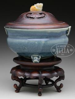 Appraisal: GLAZED POTTERY CENSER WITH WOOD COVER AND JADE FINIAL Ming