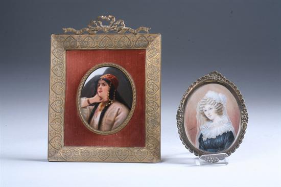 Appraisal: TWO FRENCH PORTRAIT MINIATURES th century One hand-painted on porcelain