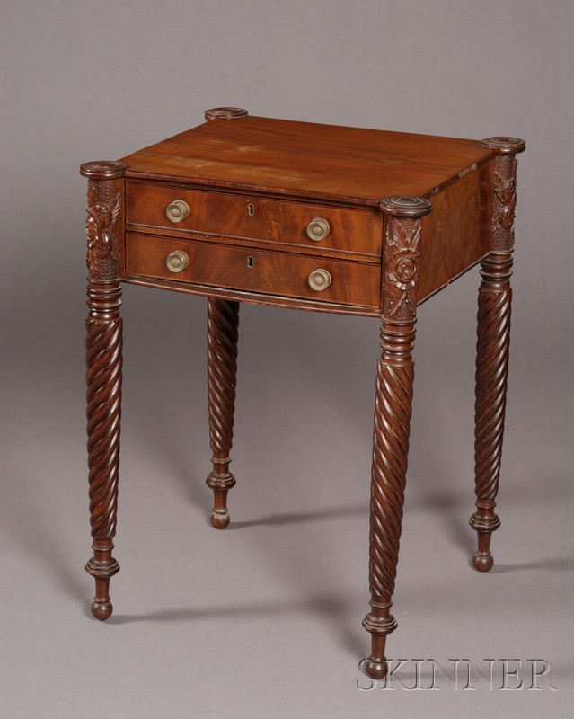 Appraisal: Classical Mahogany Carved and Veneer Two-drawer Work Table probably Massachusetts