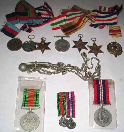 Appraisal: A collection of various medals and ribbons Bosuns Whistle and