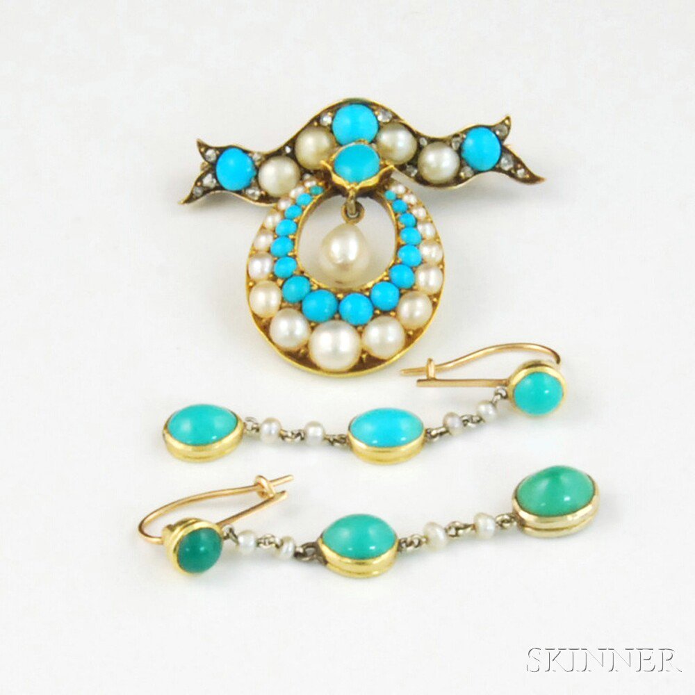 Appraisal: Two Pieces of Pearl and Turquoise Jewelry a pair of