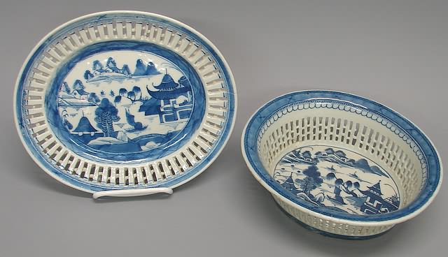 Appraisal: Both with harbor scene bridge and mountains basket l tray