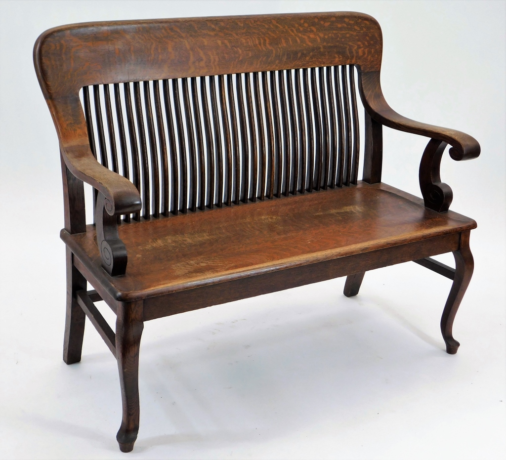 Appraisal: C AMERICAN QUARTER SAWN OAK HALL BENCH United States Circa