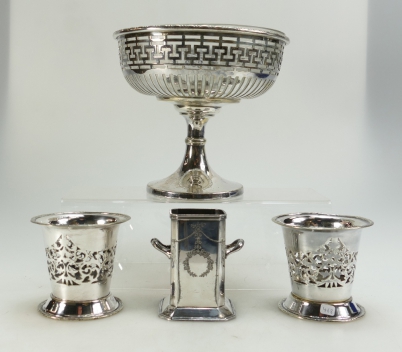 Appraisal: Silver plated pierced fruit bowl with glass liner similar vases