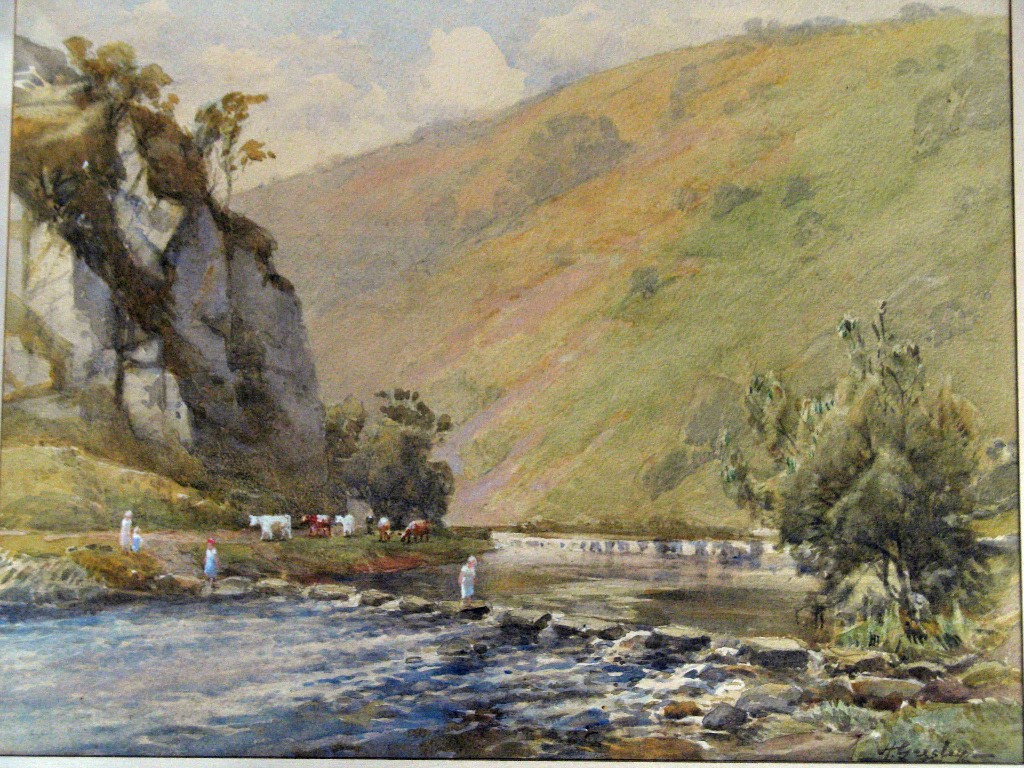 Appraisal: H Grasley Children crossing a river with cows and hills