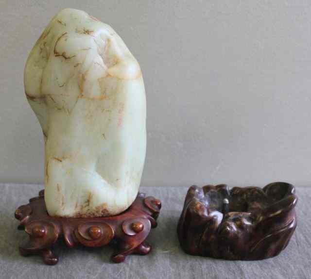 Appraisal: Chinese Signed Jade Mountain with ConformingWood Stands From an Elmhurst