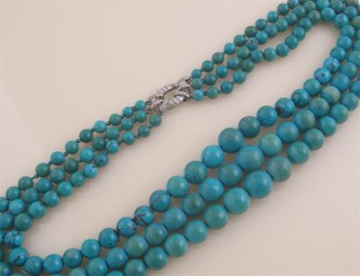 Appraisal: A three row graduated turquoise bead necklace White gold clasp