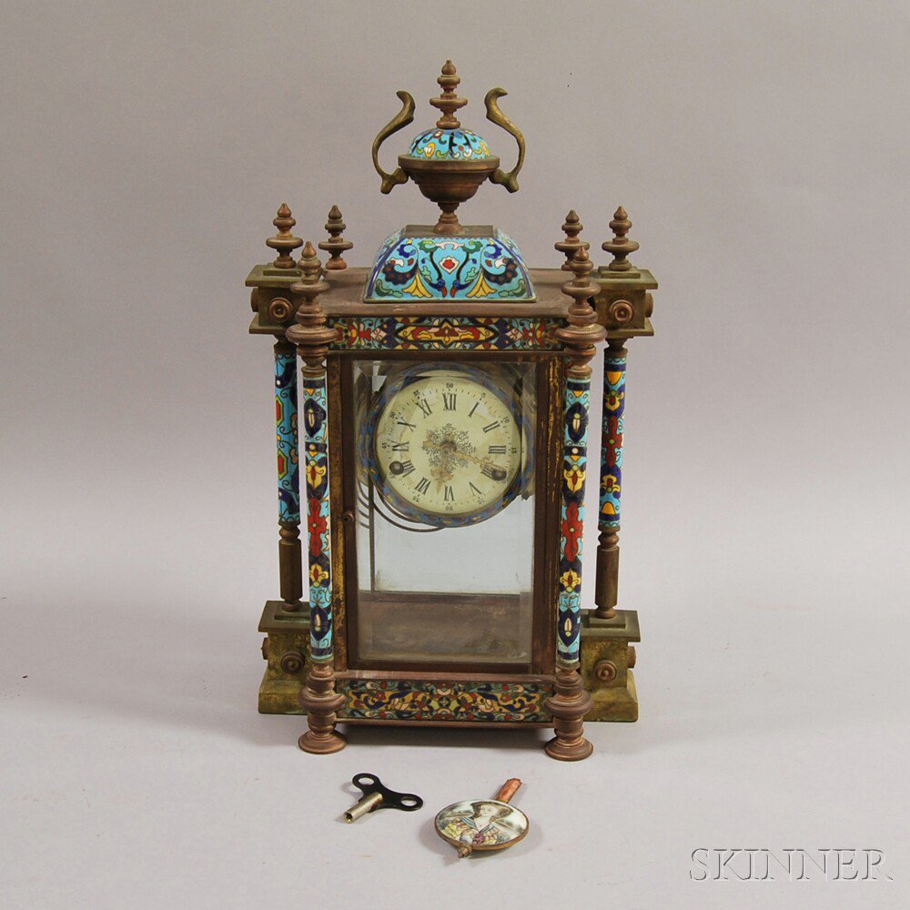 Appraisal: Champleve Mantel Clock th century with an urn-form finial over