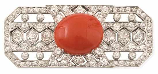 Appraisal: AN ART DECO CORAL AND DIAMOND BROOCH The pierced rectangular