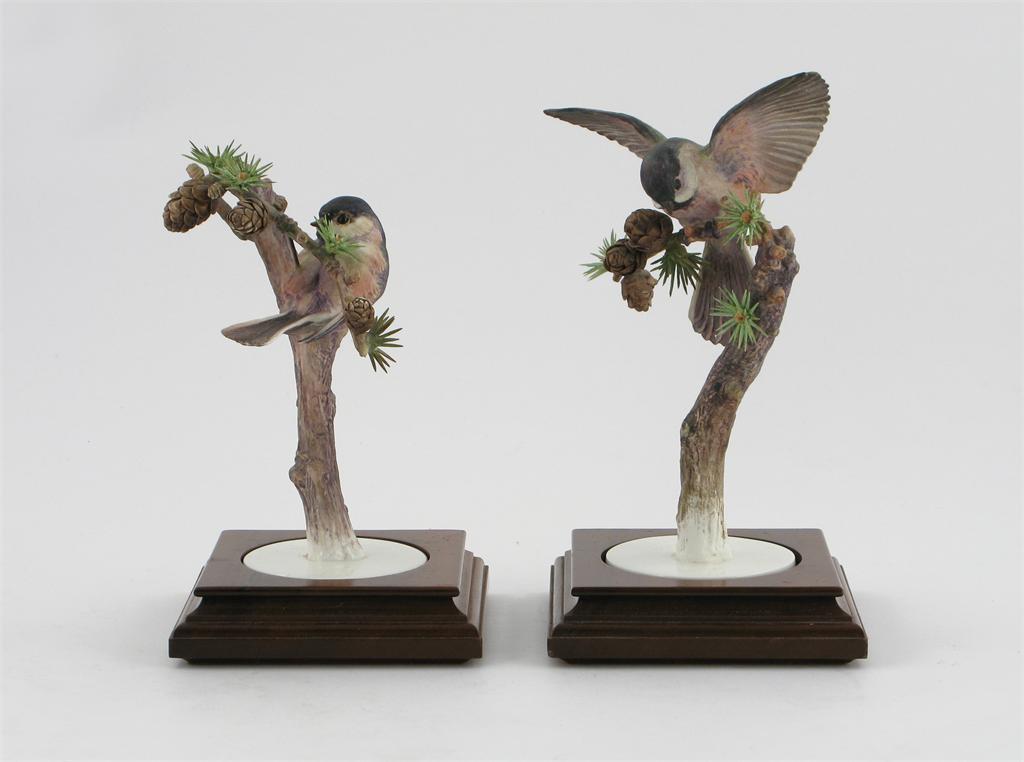 Appraisal: A pair of Royal Worcester models of chickadee and larch