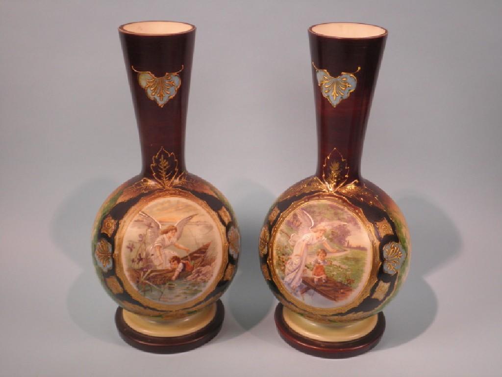 Appraisal: A pair of Victorian opaque glass vases each printed and