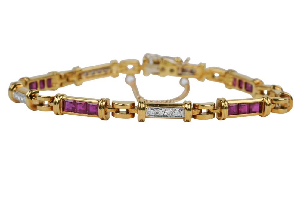 Appraisal: KARAT YELLOW GOLD DIAMOND RUBY BRACELETstamped 'Spark' containing square step-cut