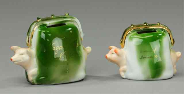 Appraisal: TWO PIGS IN SATCHEL POKE STILL BANKS Germany porcelain popular