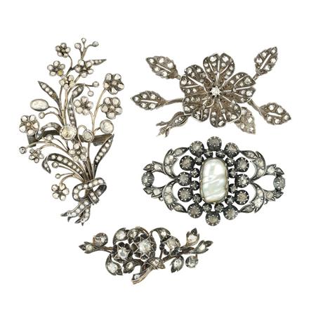 Appraisal: Four Antique Diamond Flower Brooches Estimate -