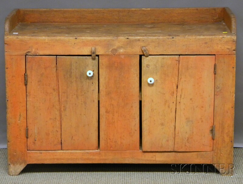 Appraisal: Country Orange-painted Pine Dry Sink with Two Cabinet Doors ht