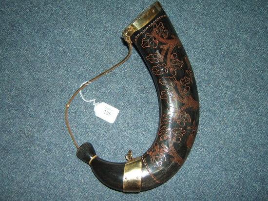 Appraisal: A powder horn with incised oak tree decoration and three