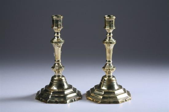 Appraisal: PAIR LOUIS XV BRASS CANDLESTICKS Late th century Stepped octagonal