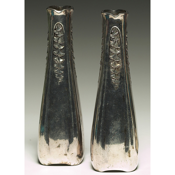 Appraisal: French Arts and Crafts vases attribution pair polished pewter marked