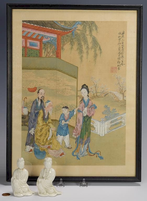 Appraisal: Blanc de Chine Guanyins and Painting on Silk st item