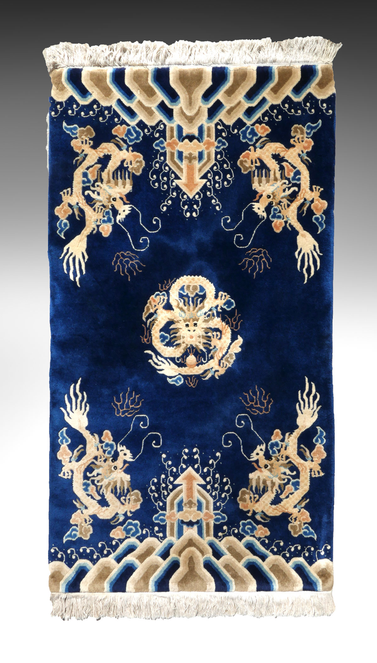 Appraisal: ART DECO CHINESE DRAGON CARPET Cobalt blue ground Chinese carpet