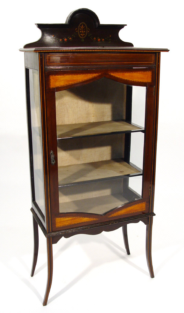 Appraisal: Edwardian inlaid mahogany china cabinet with painted cornice above a