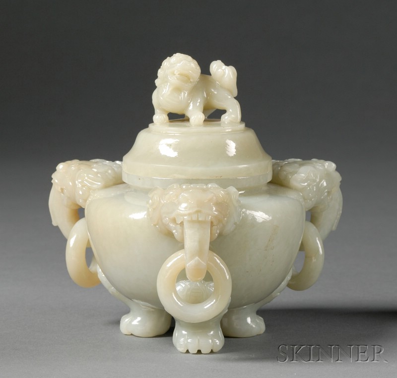 Appraisal: Jade Censer pale green stone carved with three lion mask