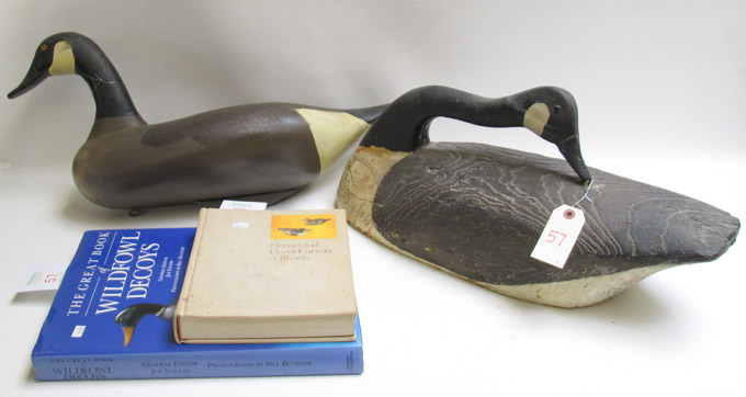 Appraisal: FOUR DECOY RELATED ITEMS two Canadian goose decoys one carved