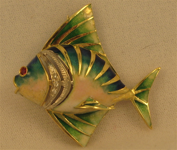 Appraisal: COLORED ENAMEL RUBY DIAMOND AND FOURTEEN KARAT GOLD FISH BROOCH