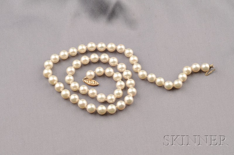 Appraisal: Cultured Pearl Necklace composed of fifty-four white cultured pearls with