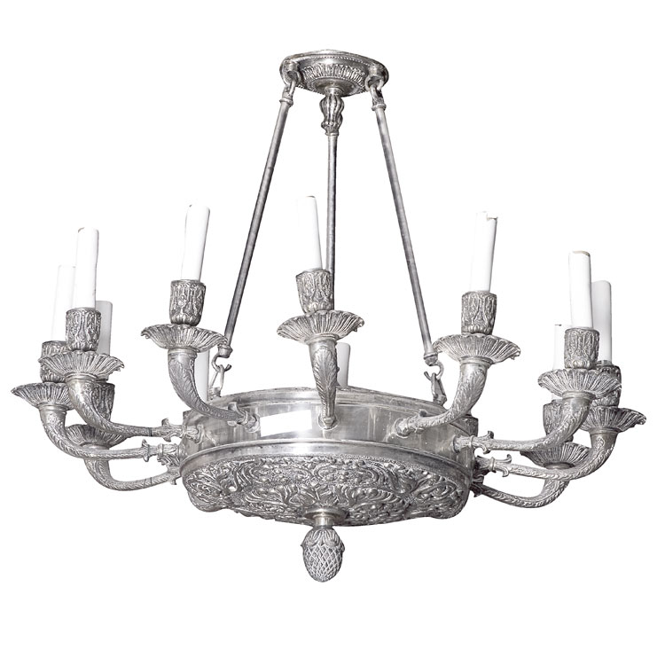 Appraisal: Empire Style Silvered Bronze Twelve-Light Chandelier Cast with foliate scrolls