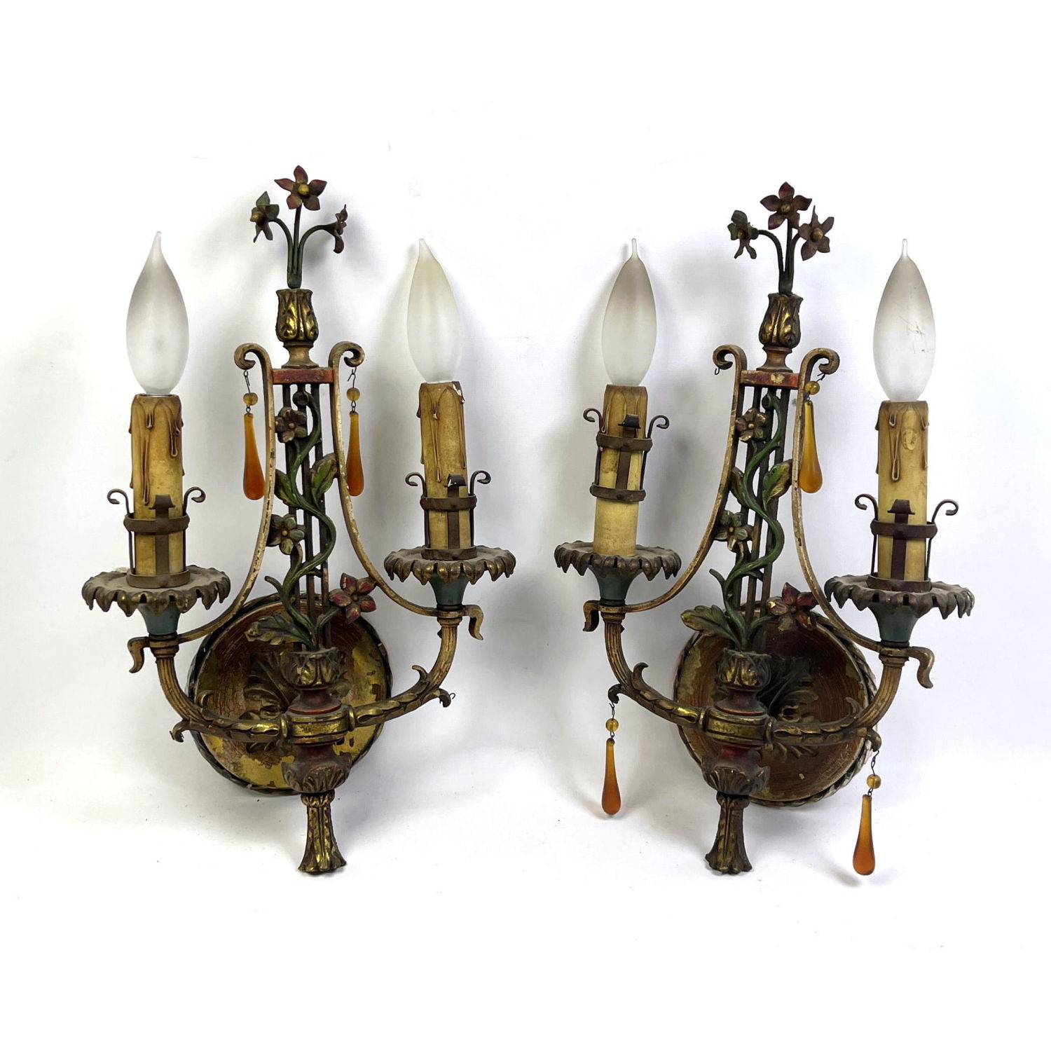 Appraisal: Pr Antique Polychrome Iron Two Arm Wall Sconces Foliate details