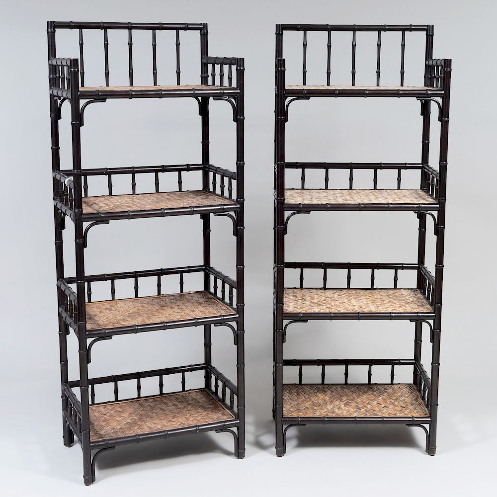 Appraisal: Pair of Black Painted Faux Bamboo and Wicker Four Tier